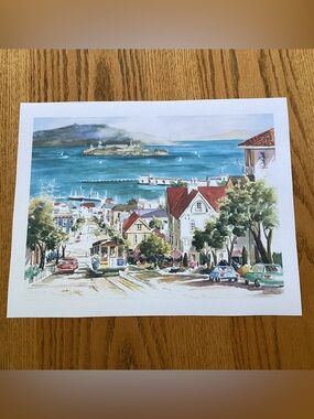 San Francisco harbor Scene Watercolor Art Print in Blue and Red